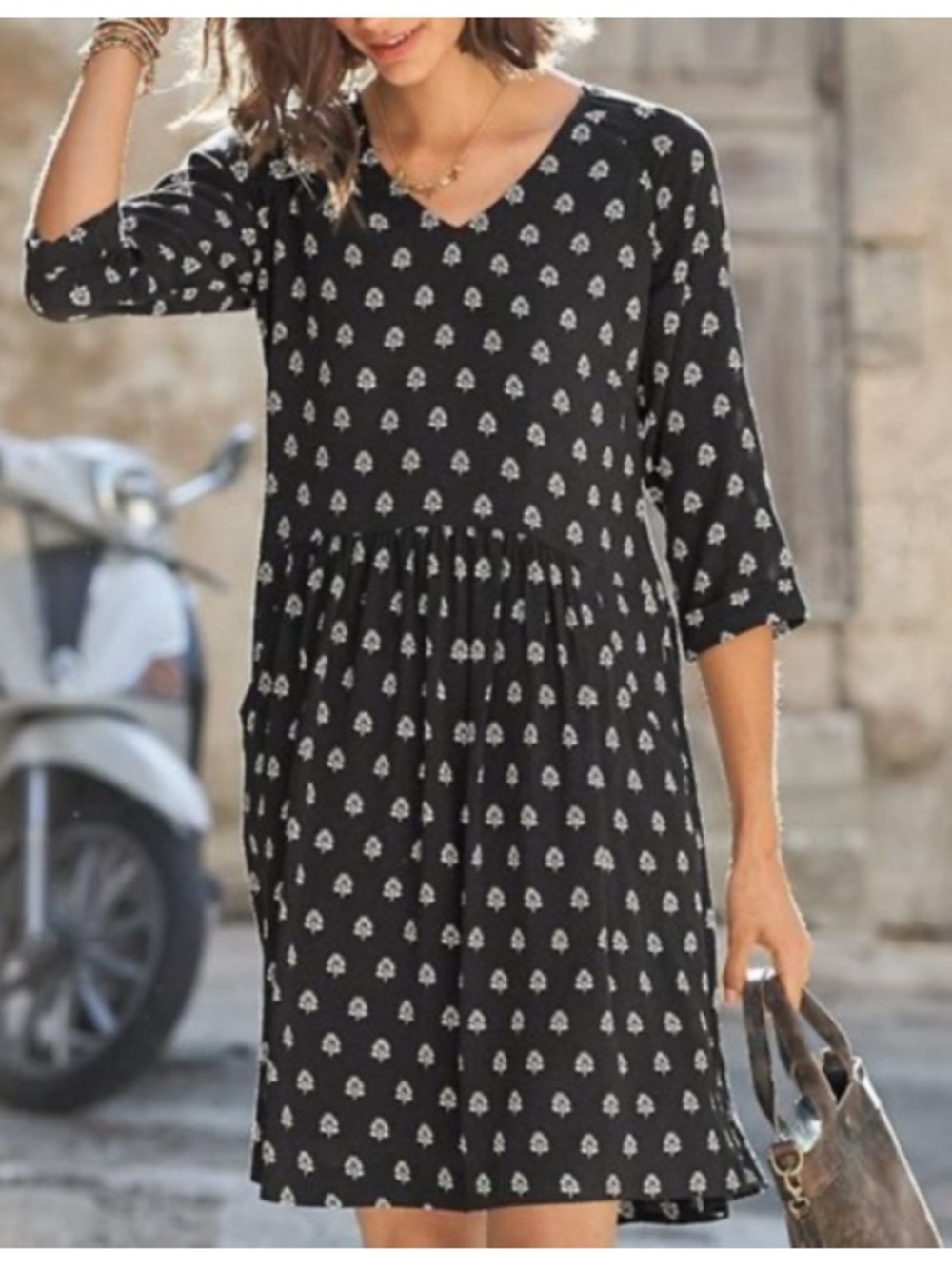 Garnet Hill Floral Woven 3/4 Sleeve V-Neck A-Line Dress Boho Black